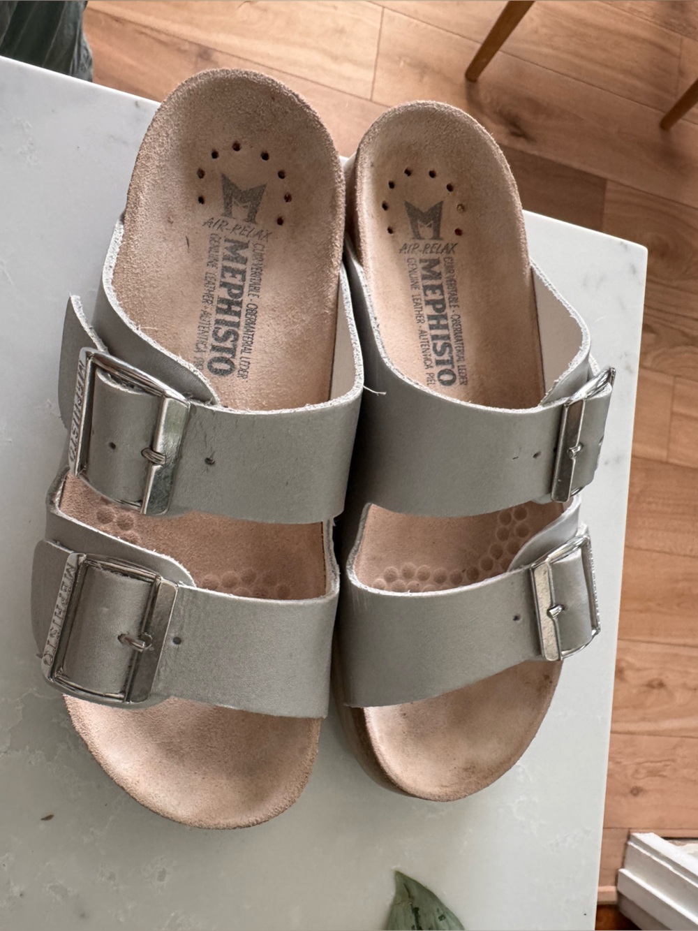 Mephisto Women's Silver Two-Buckle Slide Sandals